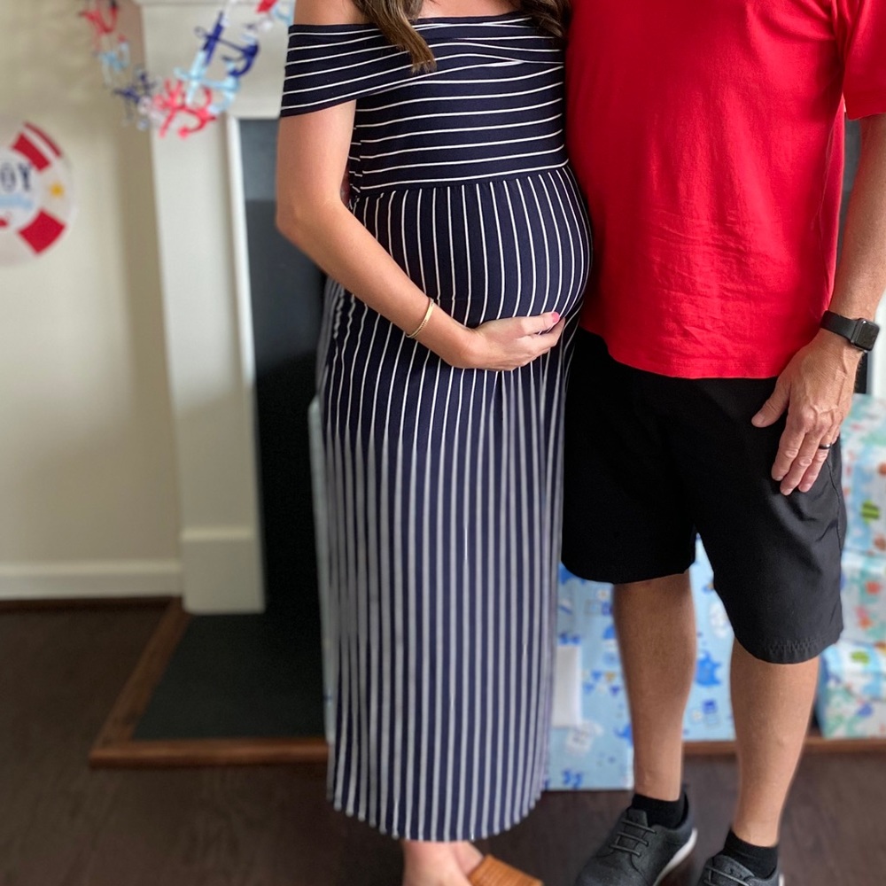 Pinkblush Navy and White Strapless Maternity Maxi Dress Size Medium